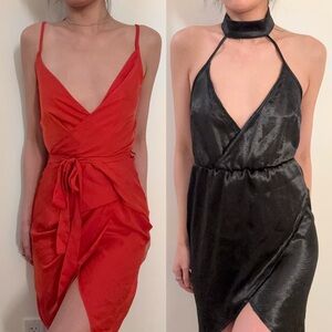 Two dresses deal - black midi dress and orange wrap dress